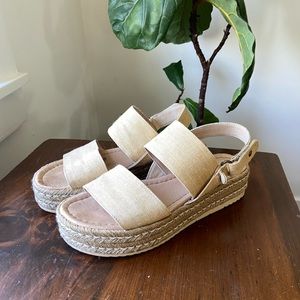 Platform Espadrille Sandal in Tan / Cream with Velcro ankle strap